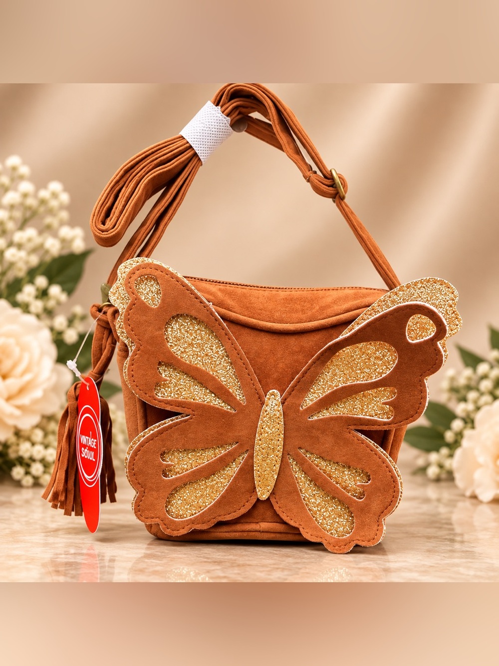 Butterfly Accent Suede Crossbody Bag - Tan with Gold Glitter
